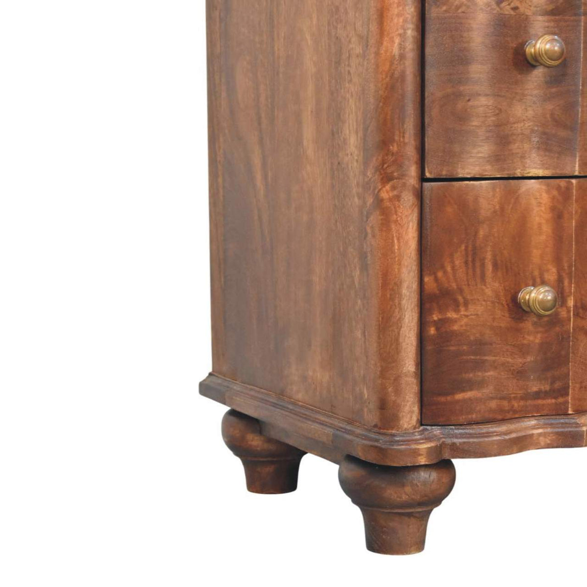 Close-up detail of the bottom right corner, showing the wavy base apron and the turned wooden bun feet of a roasted almond mango wood chest.