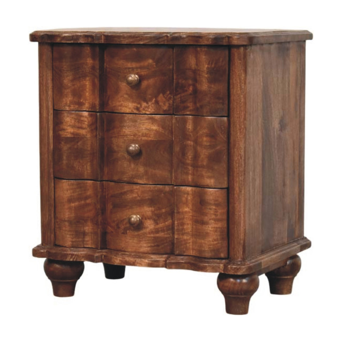Angled left perspective of a roasted almond finish bedside table, highlighting its wavy panelled drawer fronts and turned bun feet.