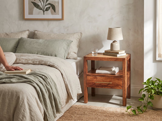Lifestyle image of a rattan and solid mango wood bedside table in a honey caramel finish