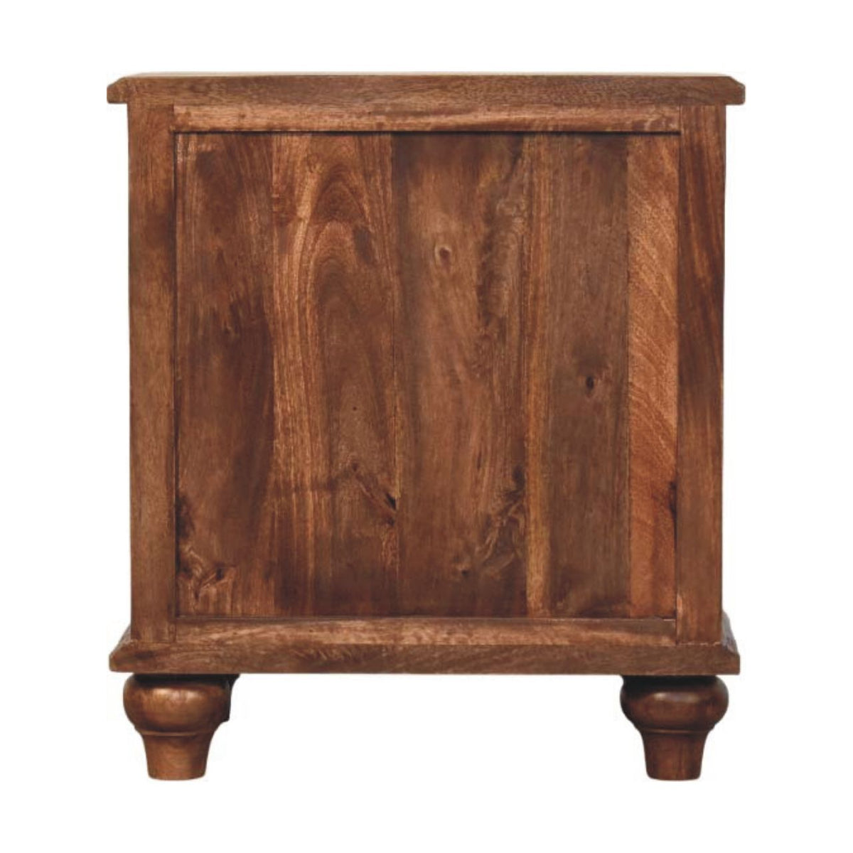 Back view of a roasted almond solid mango wood bedside table, showing the framed wooden back panel construction.