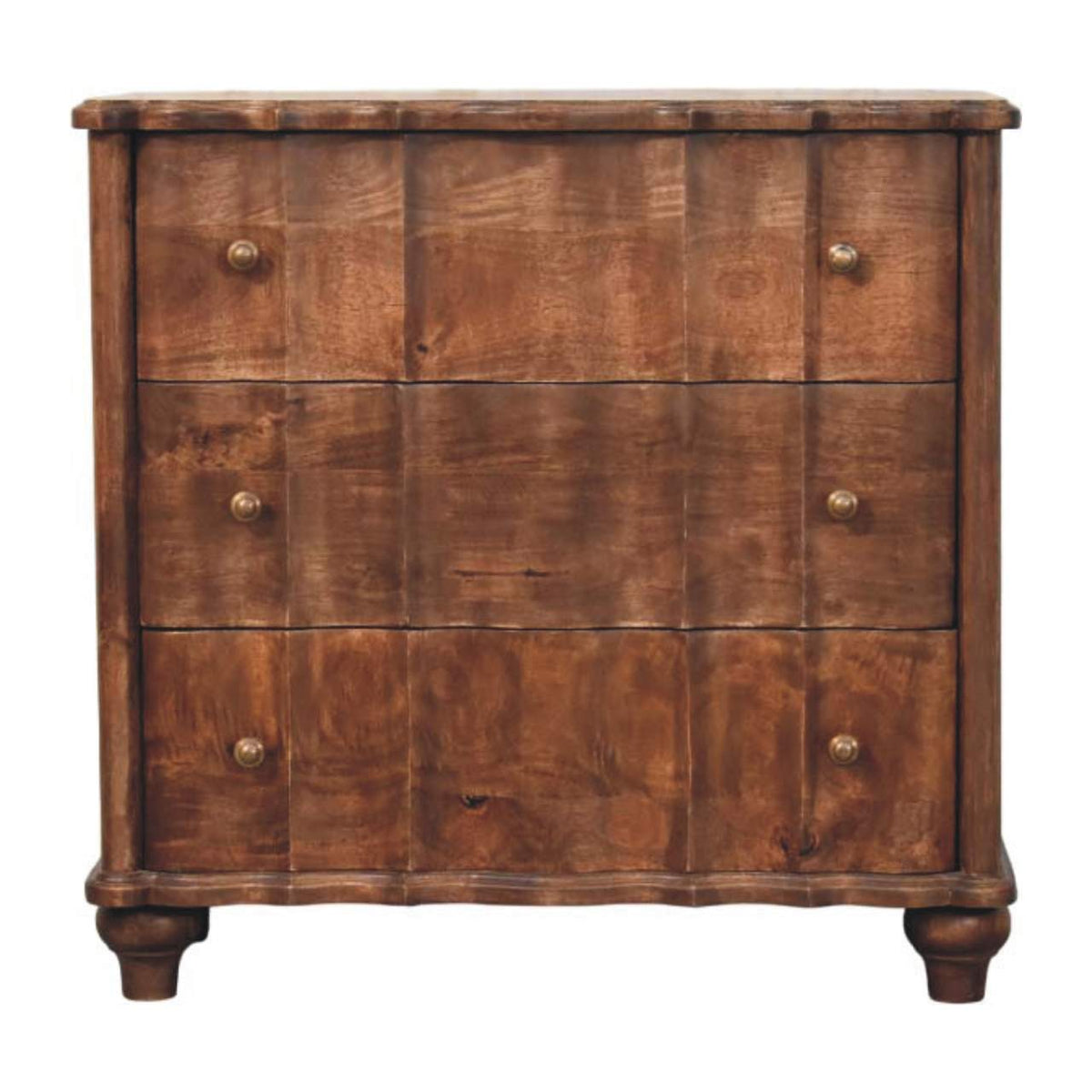 Front view of a three-drawer panelled solid mango wood chest in a roasted almond finish, featuring wavy textured drawer fronts and small round knobs.