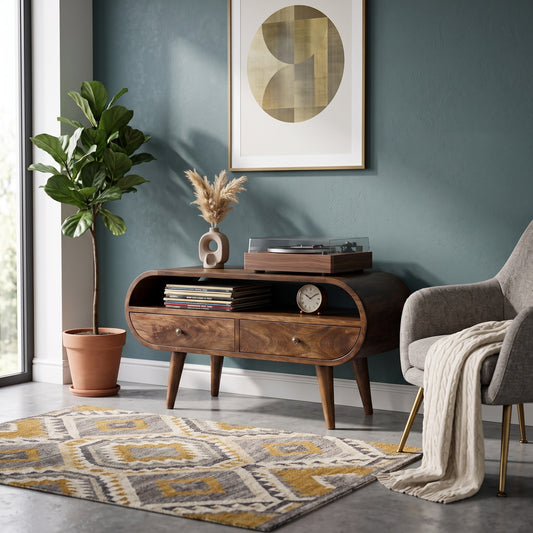 A mid-century modern wooden media unit in a styled room setting with a teal wall, patterned rug, potted fiddle-leaf fig, and a gray armchair.