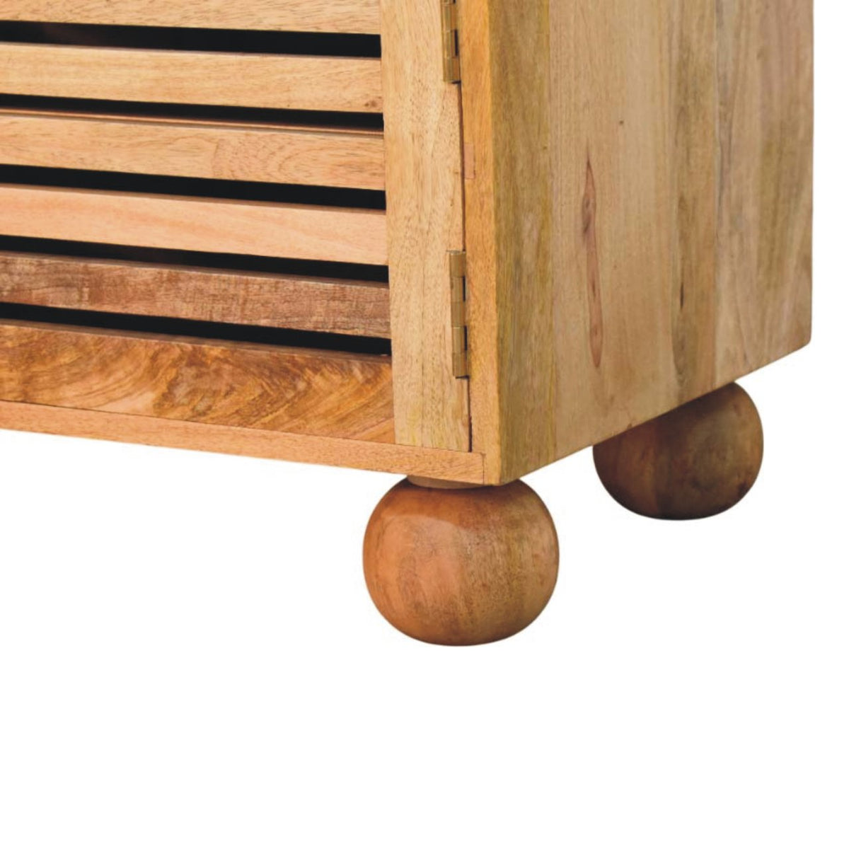 Close-up of a wooden shoe rack with spherical legs on a white background