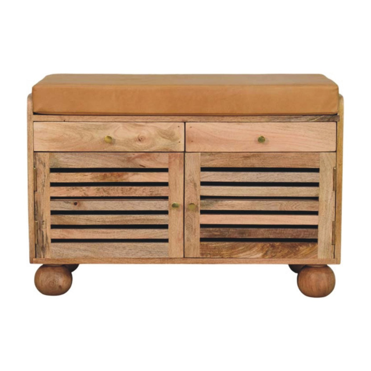 Wooden shoe rack with cushioned top on a white background