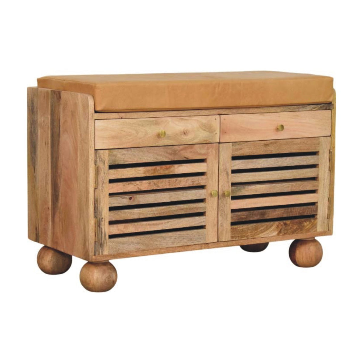 Wooden shoe rack with a cushioned top on a white background