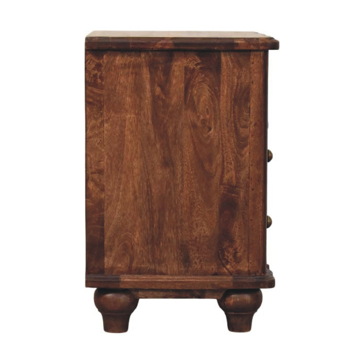 Straight-on side profile view of a solid mango wood bedside table in roasted almond, displaying a flat, smooth side panel.