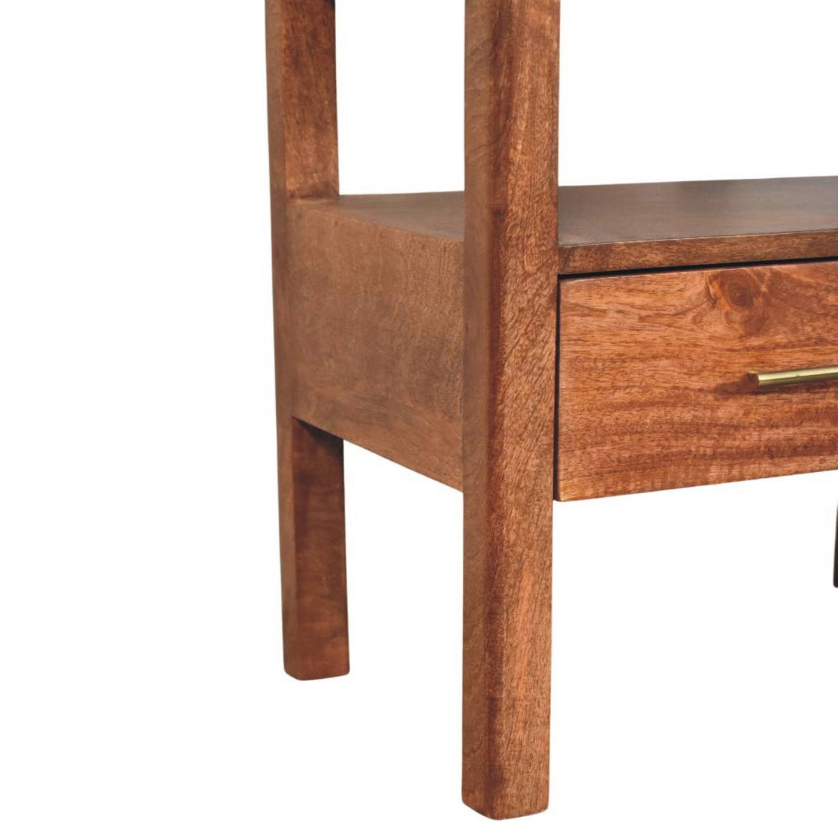 Close-up detail of the straight, square wooden legs and side profile of a solid mango wood bedside table.