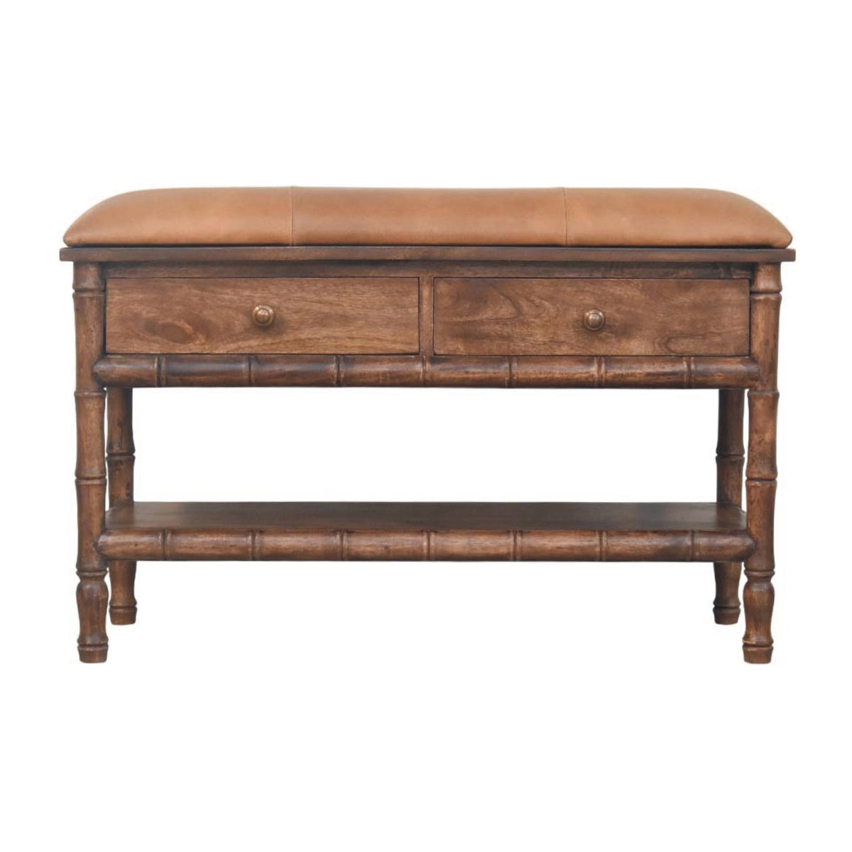 Wooden bench with a brown leather cushion on a white background