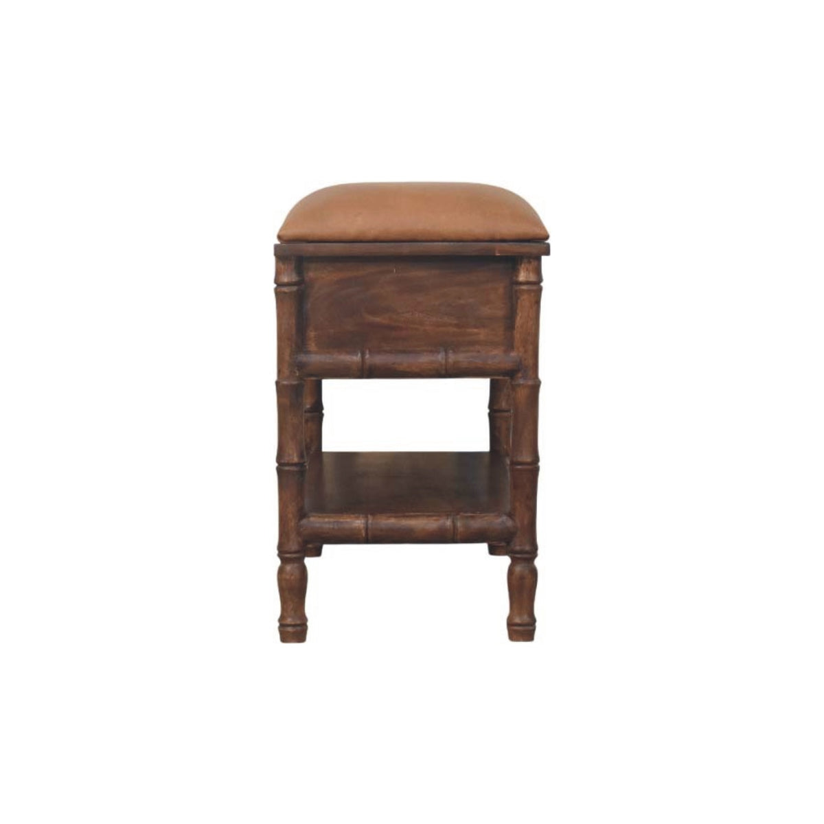 Wooden bench with a leather cushioned seat on a white background