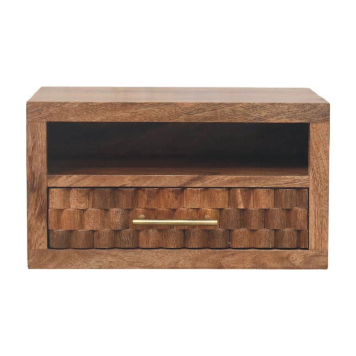 Front view of a solid mango wood floating bedside table in golden teak, featuring an open shelf above a single drawer with a geometric textured front and brass handle.