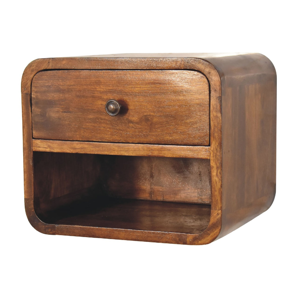 Angled right view of a chestnut finish solid mango wood floating nightstand featuring a single drawer and an open lower cubby.
