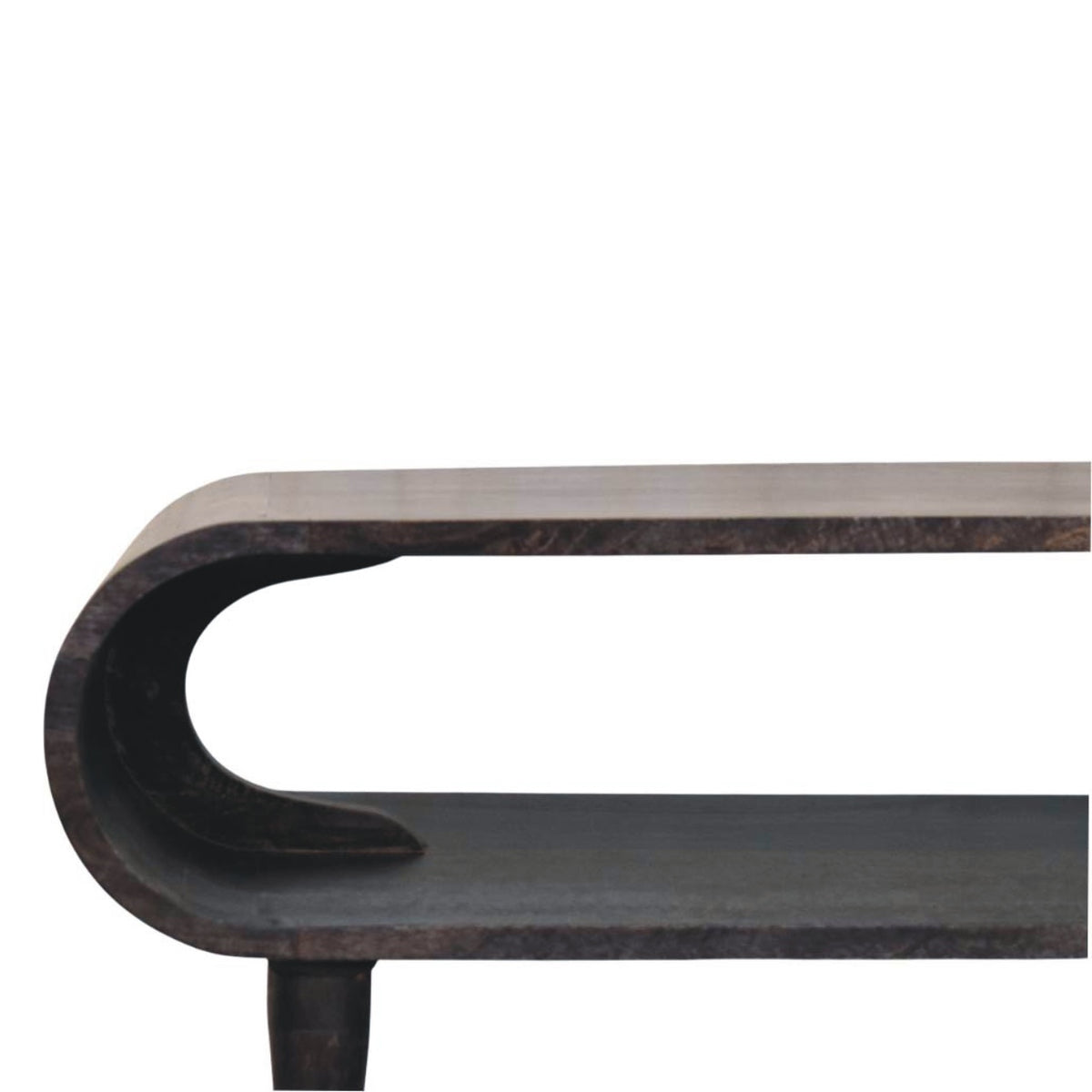 Curved media console in carbon ash finish on a white background