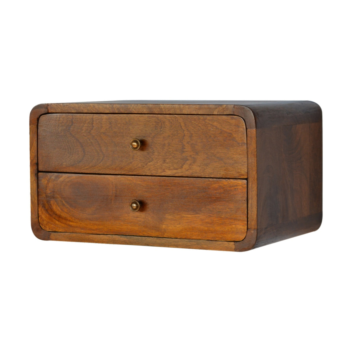Floating Curved Mango Wood Bedside Table in chestnut finish on a white background