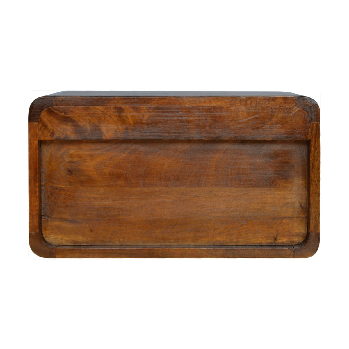 Back view of a wooden bedside table with a worn finish on a white background