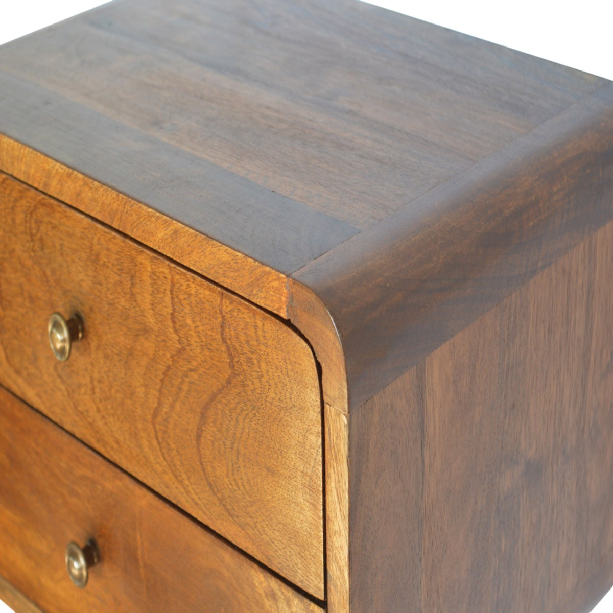 Close-up of Floating Curved Mango Wood Bedside Table in chestnut finish on a white background