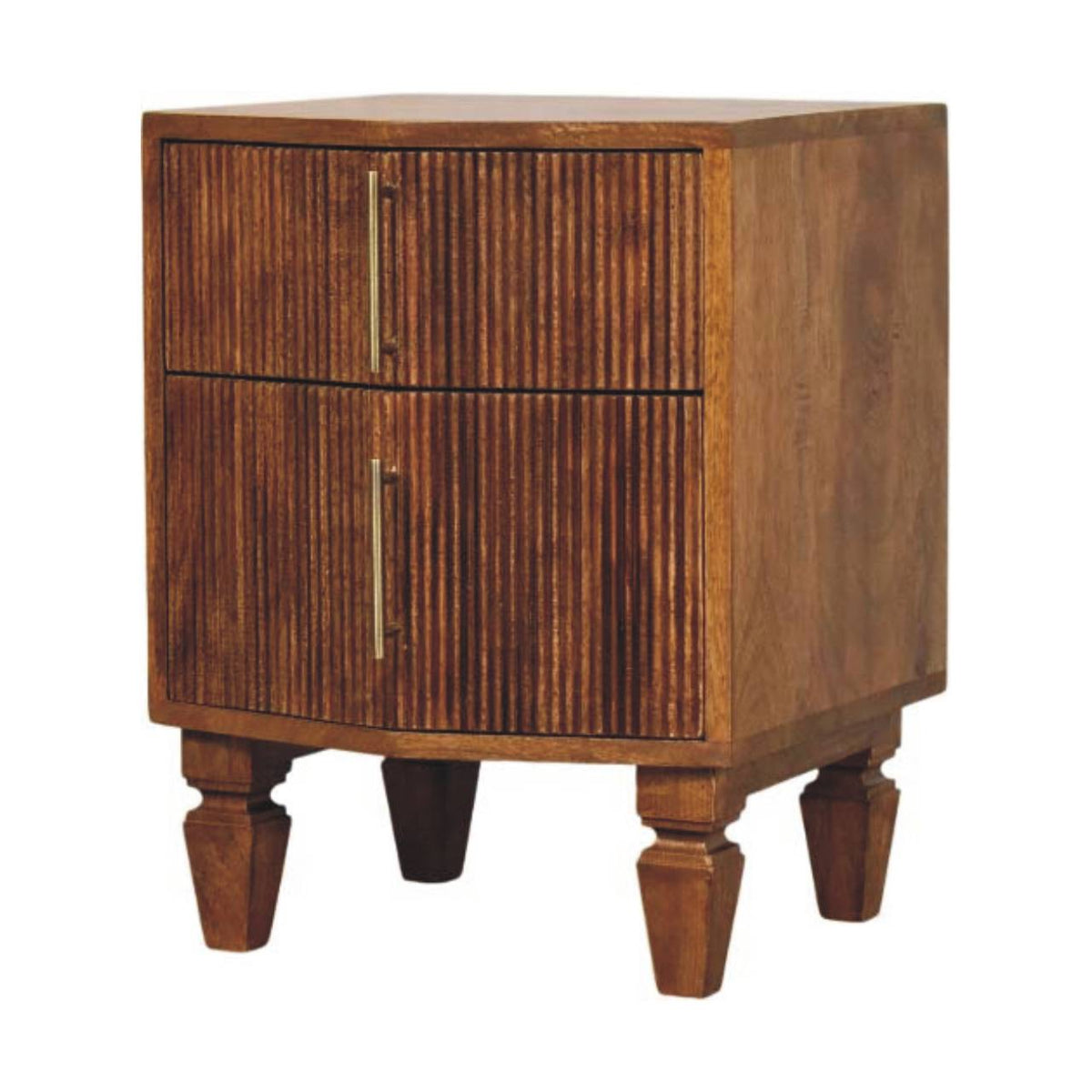 Wooden bedside table with two drawers on a white background