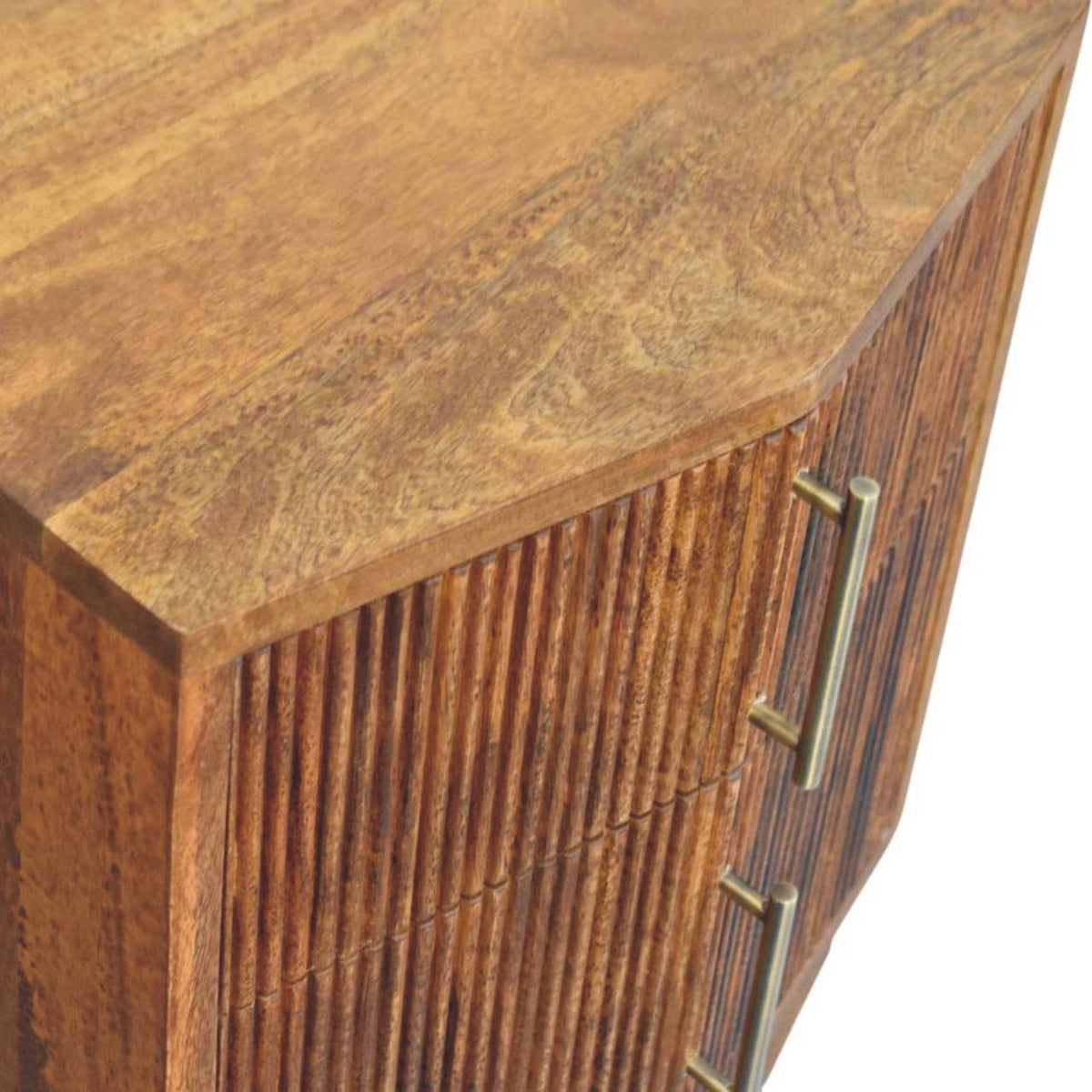 Wooden bedside table with a textured finish and brass handle on a white background