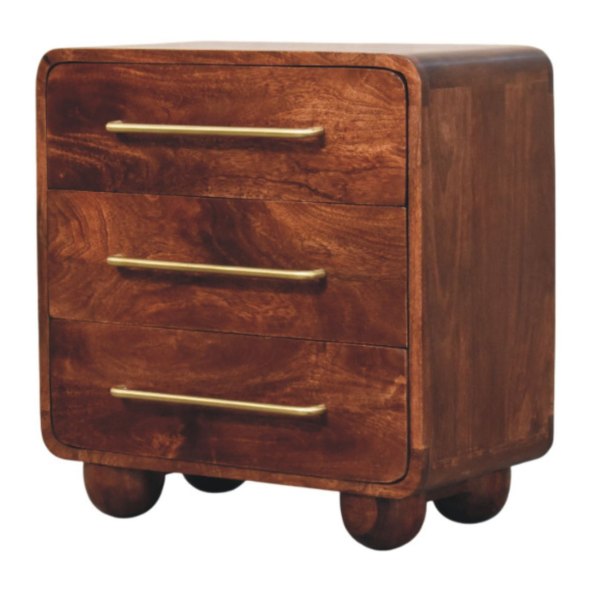 Wooden chest with three drawers and gold handles on a white background