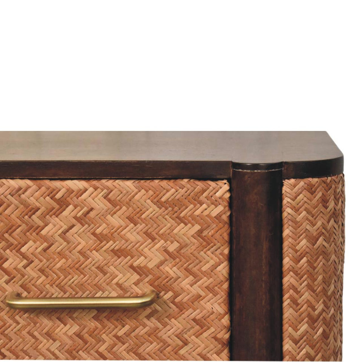 Close-up detail of the top drawer on a velvet mocha bedside table, showcasing the woven rattan texture, rounded wood post, and a sleek brass bar handle.