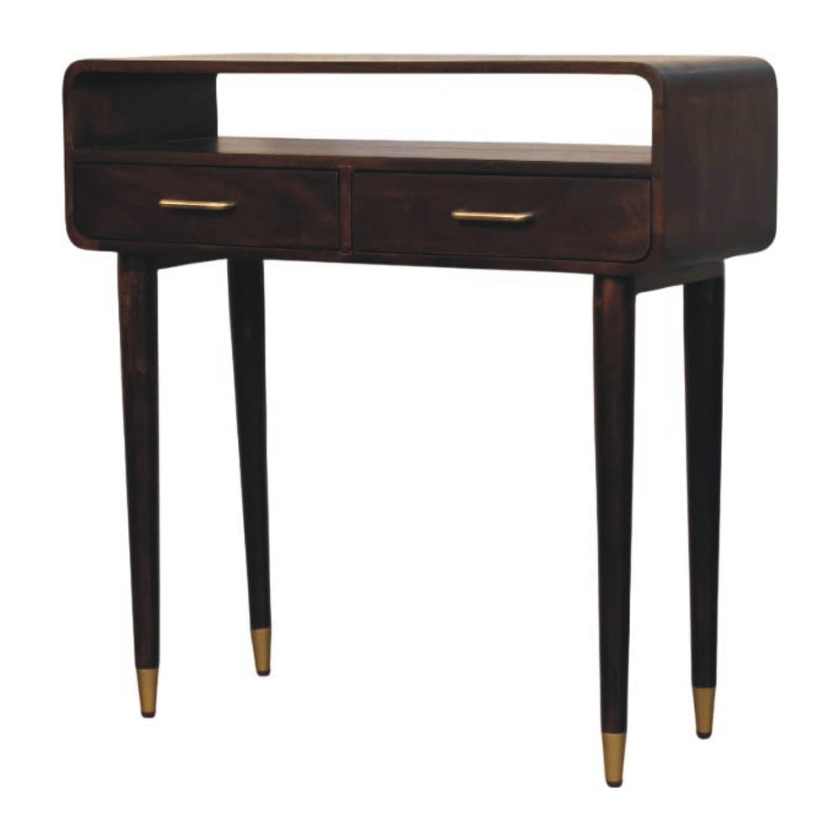 Wooden console table with two drawers on a white background