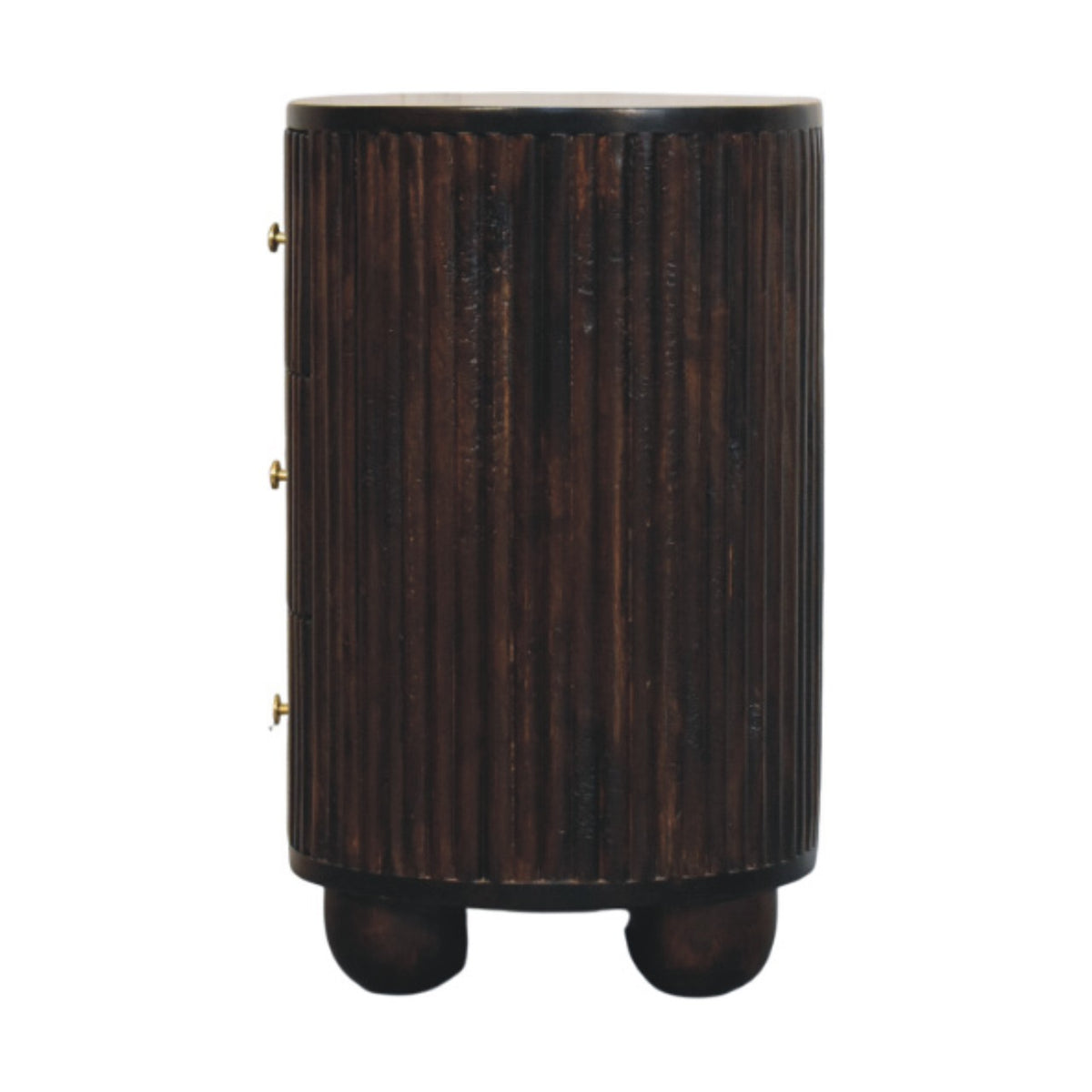 Straight-on side profile view of a curved velvet mocha bedside table, highlighting the continuous fluted texture around the side panel.