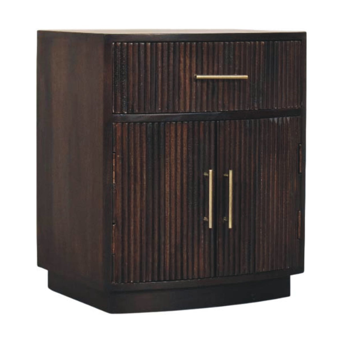 Angled left perspective of a fluted bedside table in velvet mocha, highlighting its curved front silhouette and cabinet design.