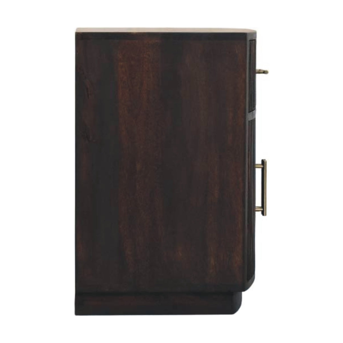 Straight-on side profile view of a fluted bedside table in velvet mocha, showcasing the smooth, flat side panel and curved front layout.