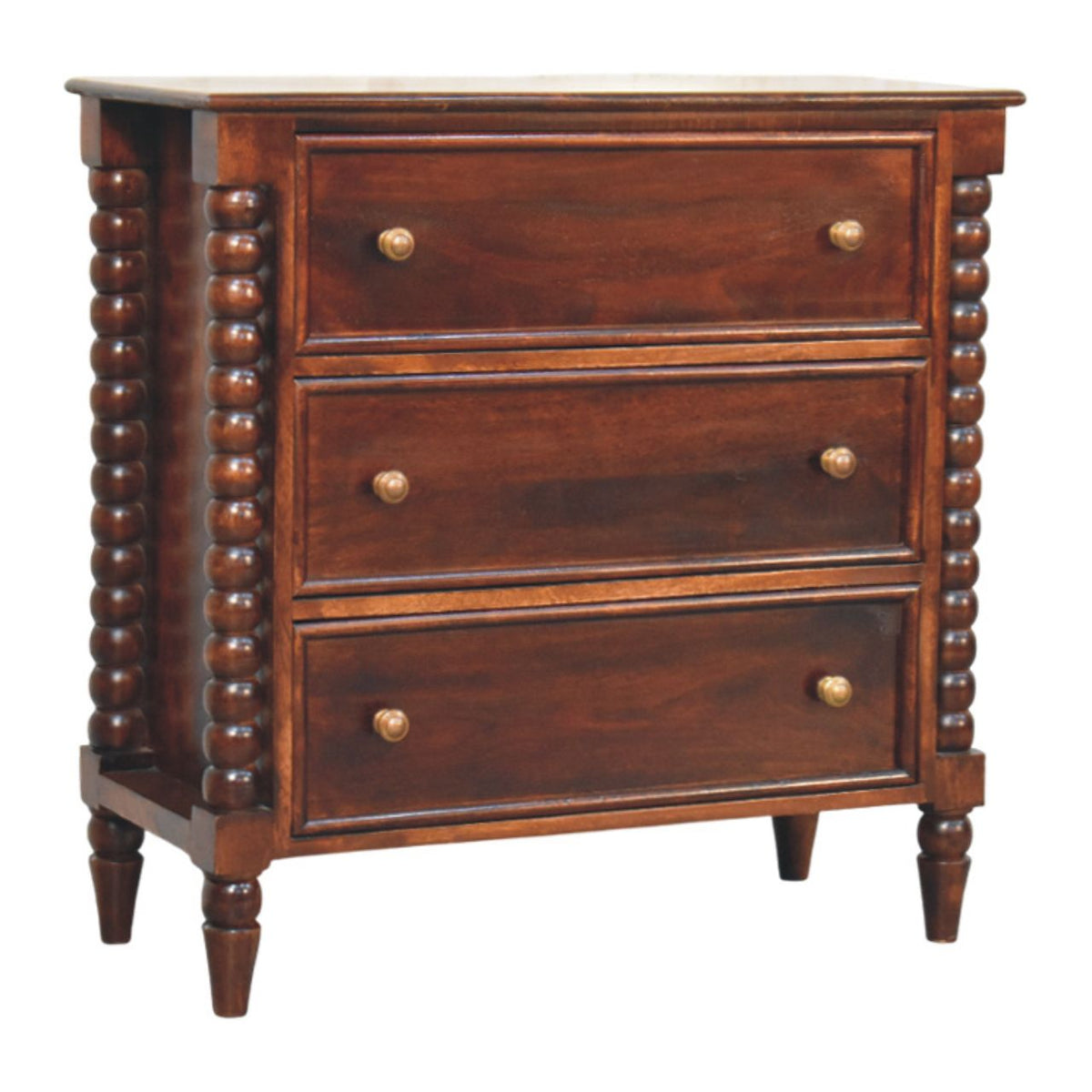 Angled right view of a solid mango wood 3-drawer chest in Winewood Oak, highlighting its decorative spindle detailing and framed drawer panels.