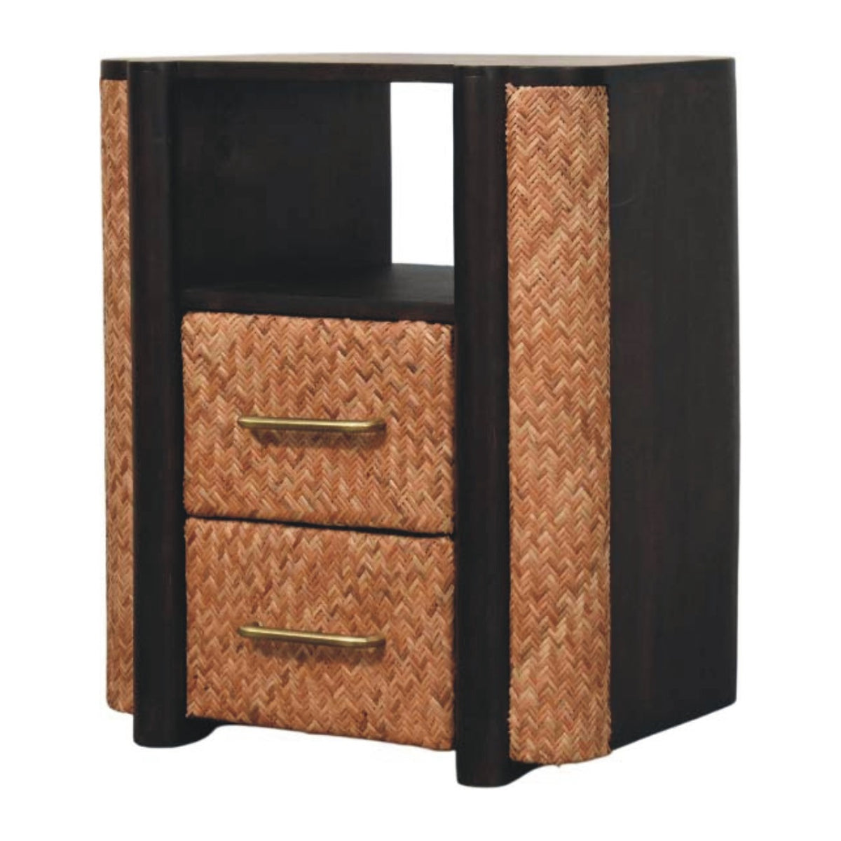 Angled right view of a velvet mocha solid mango wood nightstand with two woven drawers and an open upper shelf.
