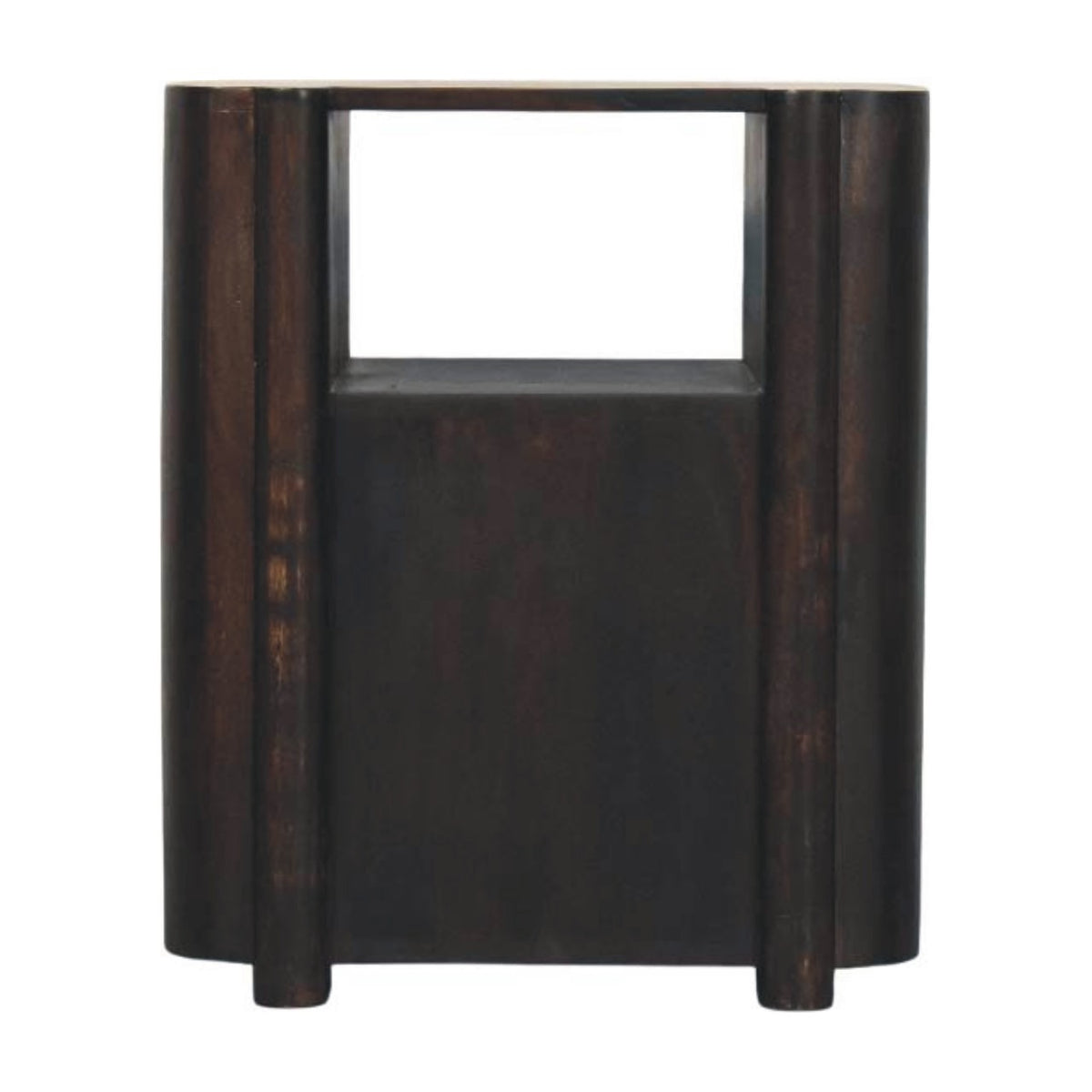 Back view of a velvet mocha solid mango wood bedside table, showing the solid wood back panel and open shelf cut-out.
