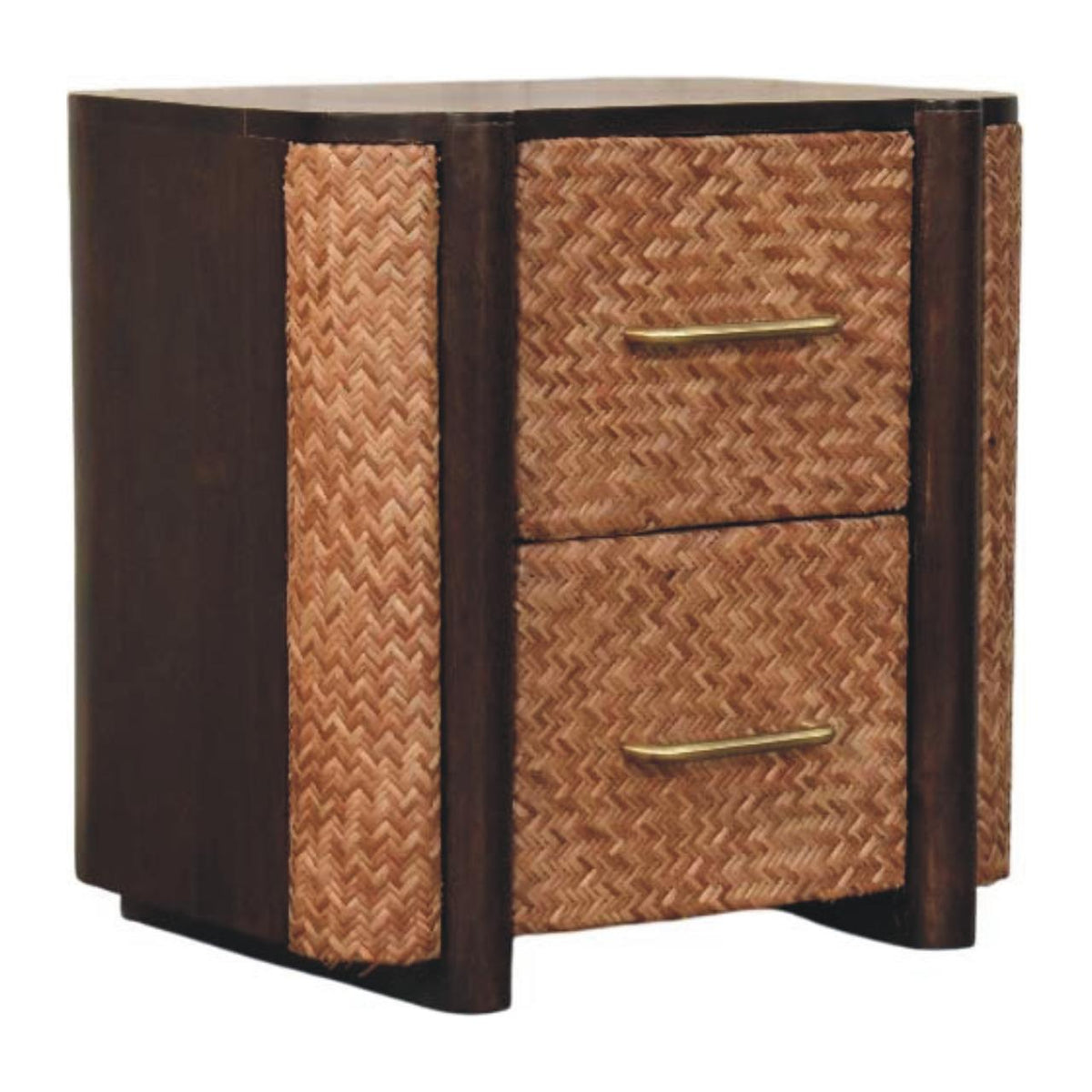 Angled right view of a velvet mocha finish nightstand combining solid dark wood framing with woven rattan drawer fronts and brass handles.