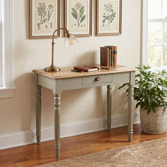 Writing desk styled in a home office setting, solid mango wood in French grey and oak