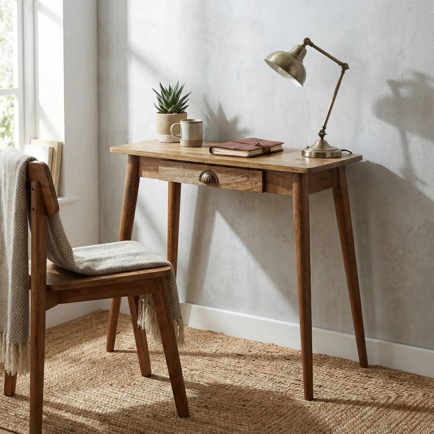 Solid mango wood writing desk in lifestyle – The Artisan Edit Writing Desks collection