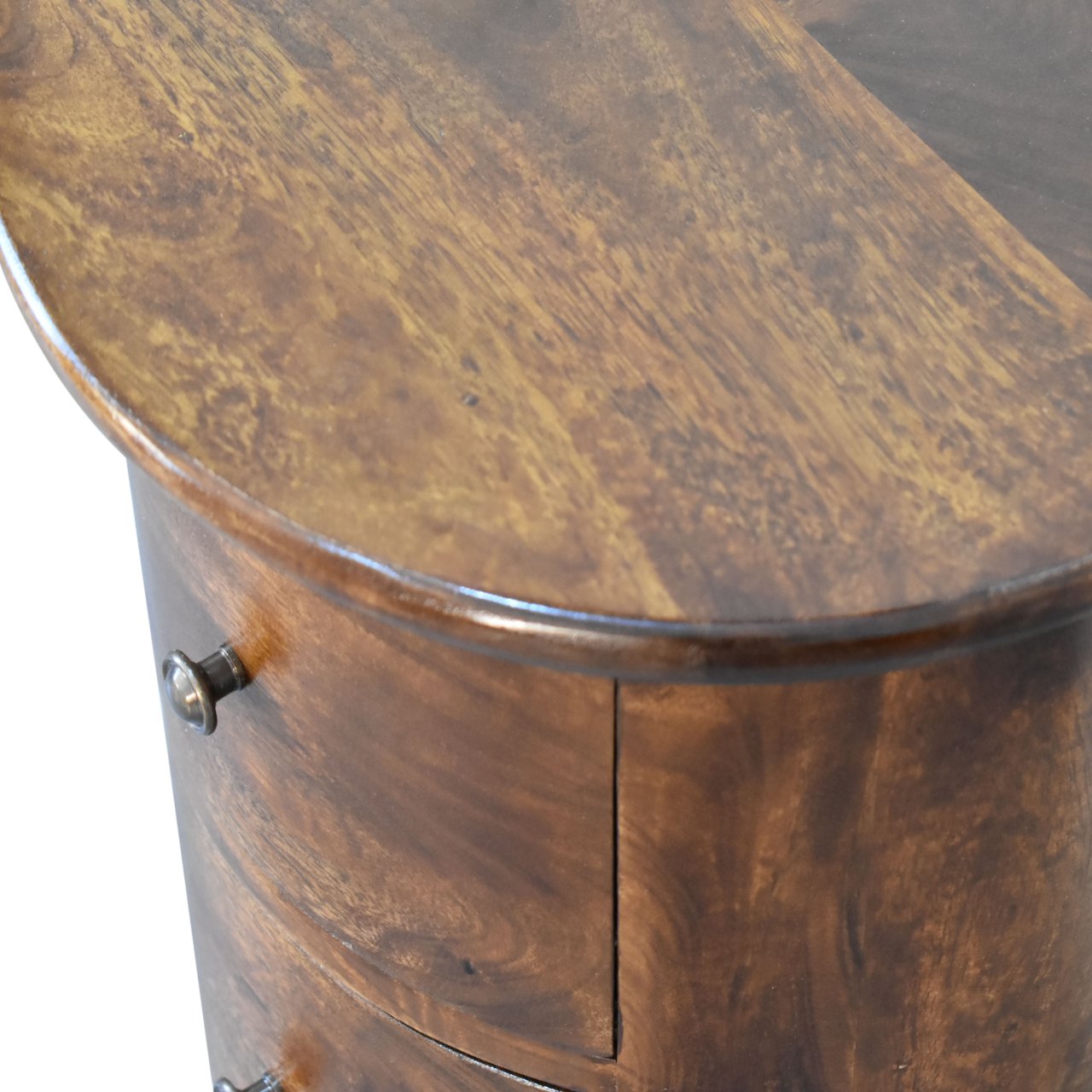 Close upper front angle of 3 Drawer Chestnut Drum Chest showing chestnut finish and knob detail