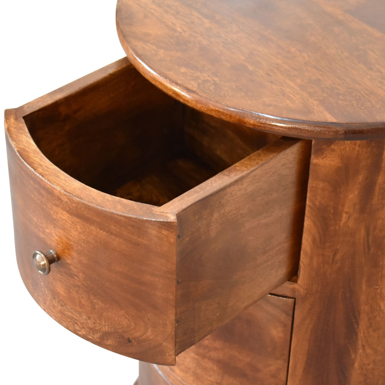 Close upper front angle of 3 Drawer Chestnut Drum Chest with drawer open showing interior storage
