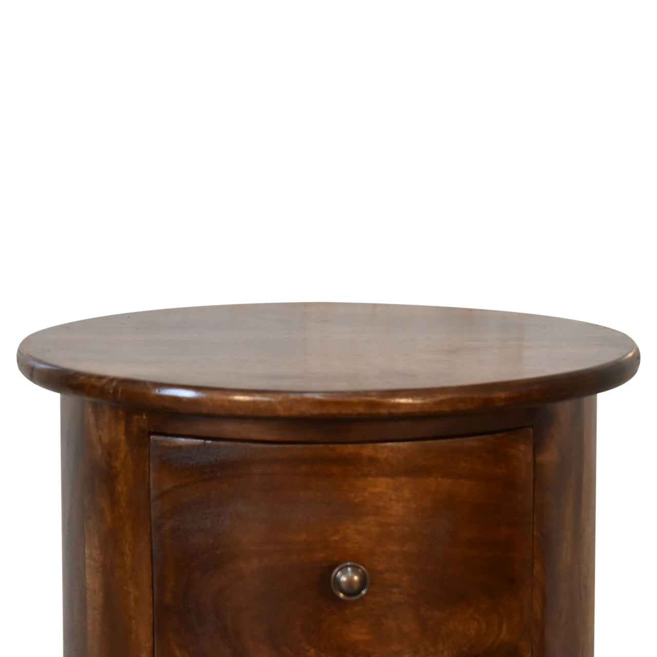 Upper front angle view of 3 Drawer Chestnut Drum Chest showing top surface and drawer