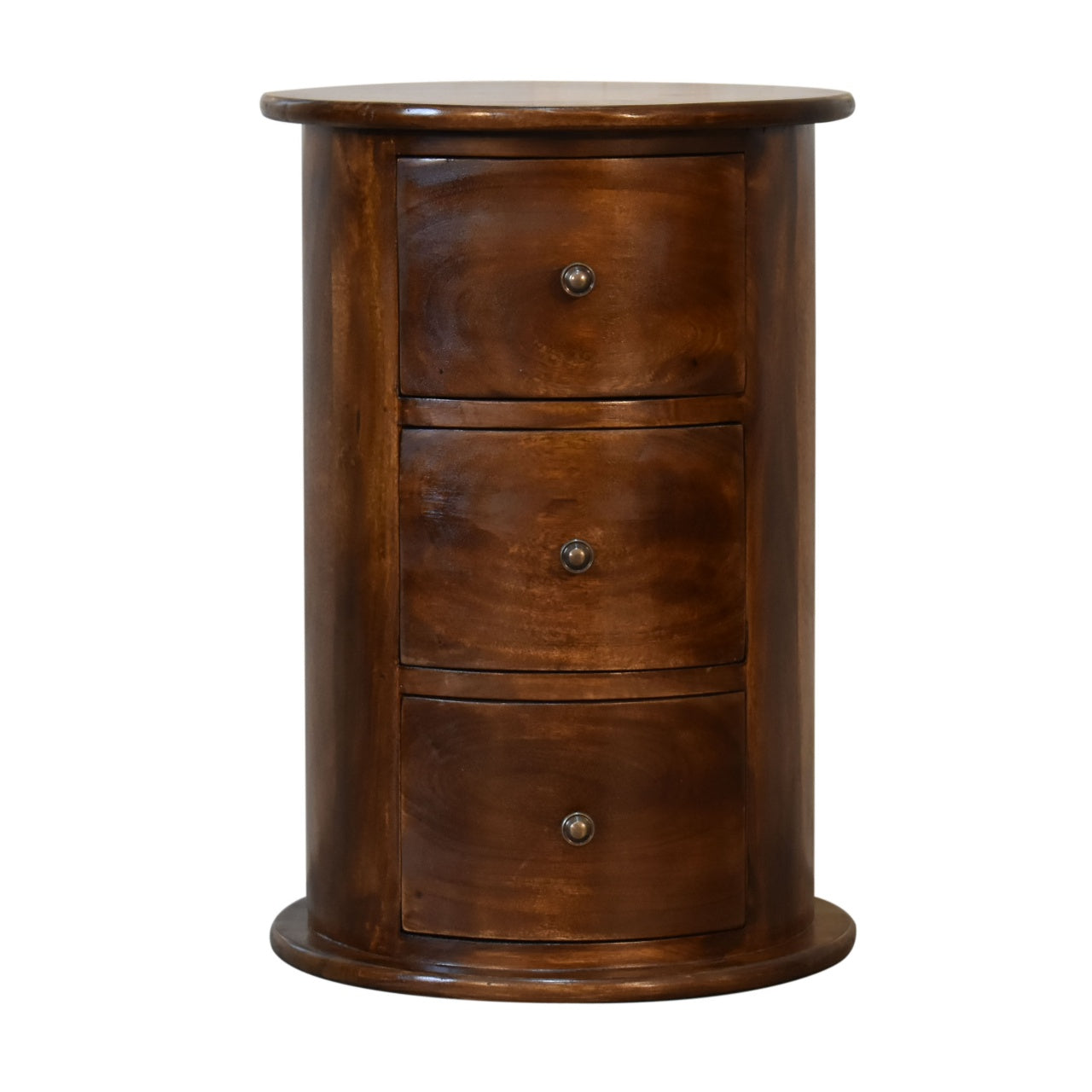 Front view of 3 Drawer Chestnut Drum Chest in solid mango wood with shiny knobs