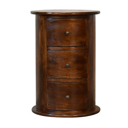 Front view of 3 Drawer Chestnut Drum Chest in solid mango wood with shiny knobs