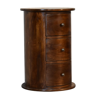 Left side view of 3 Drawer Chestnut Drum Chest in chestnut mango wood