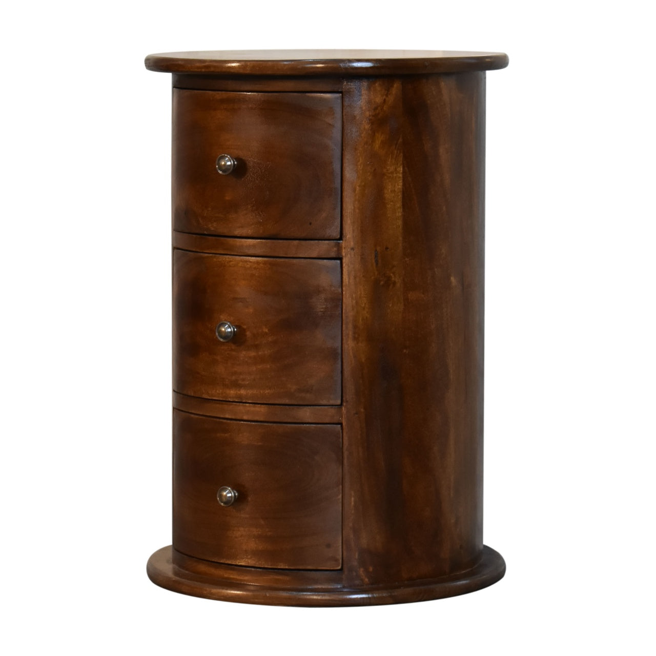 Right side view of 3 Drawer Chestnut Drum Chest showing round silhouette