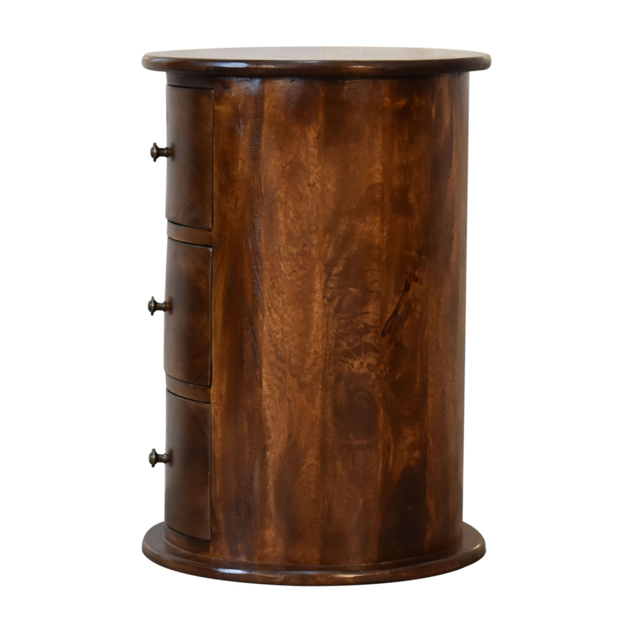 Side profile of 3 Drawer Chestnut Drum Chest showing full height and round form