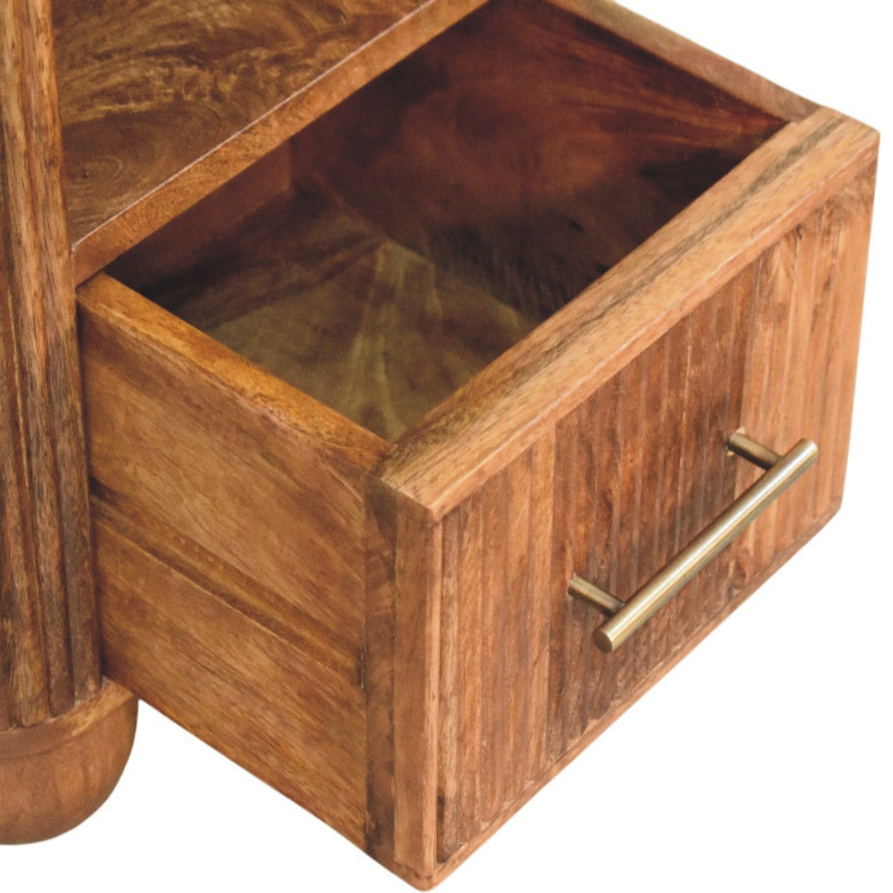 Fluted marble-top bedside table in solid mango wood, Golden Teak finish – drawer open, front left elevated view