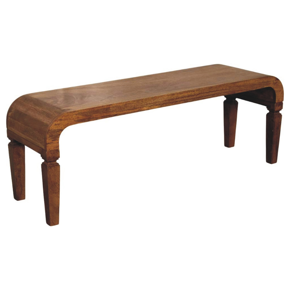 Elevated angled view of a solid mango wood coffee table displaying the warm amber oak surface texture.