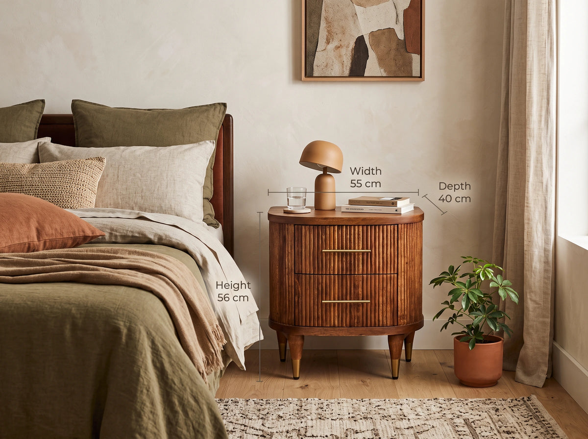 A solid mango wood ribbed bedside table in an amber oak finish, styled in a warm bedroom setting next to a bed with a small dome lamp on top, with text overlays indicating dimensions of 55 cm width, 40 cm depth, and 56 cm height.