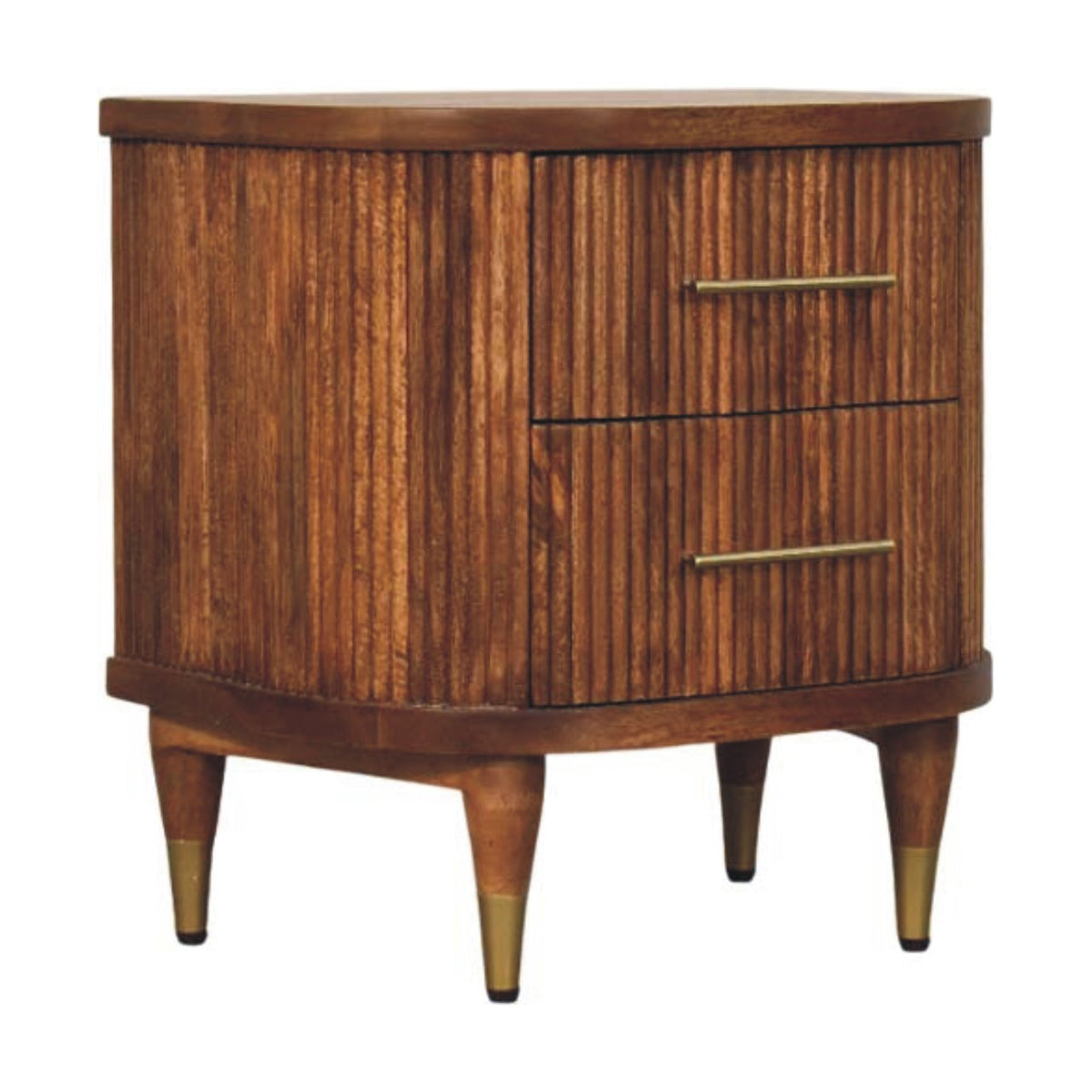 Angled left perspective of a ribbed solid mango wood nightstand in amber oak, highlighting its curved silhouette and tapered legs.