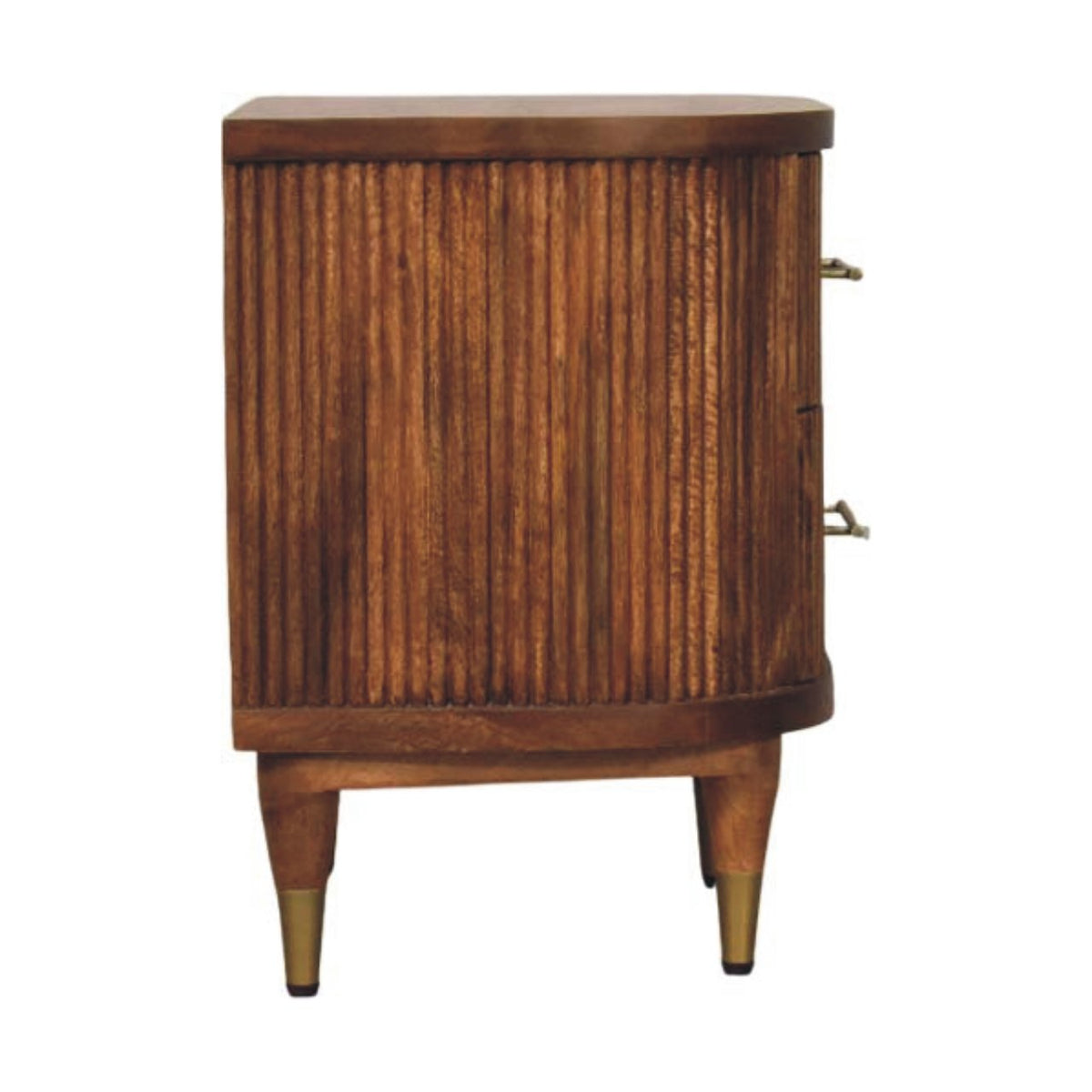 Straight-on side profile view of a ribbed bedside table in amber oak, showcasing the textured side panel and curved front profile.