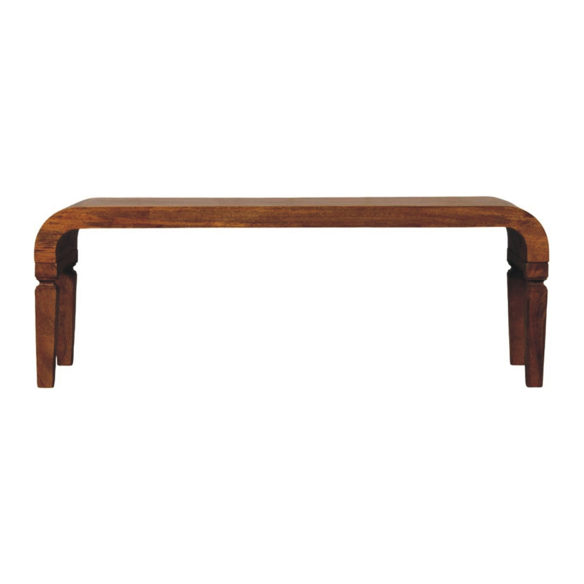 Front view of a solid mango wood coffee table featuring a warm amber oak finish, curved sides, and carved legs. 