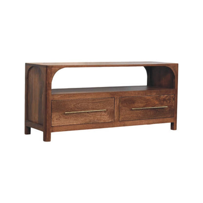 Arc-line media console in solid mango wood, Roasted Almond finish – left angle view