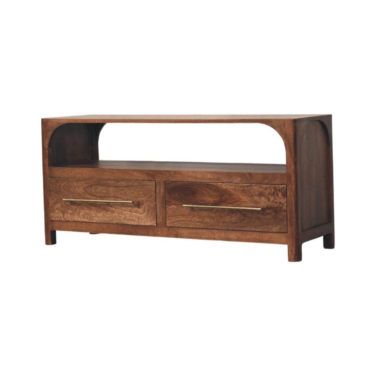 Arc-line media console in solid mango wood, Roasted Almond finish – right angle view