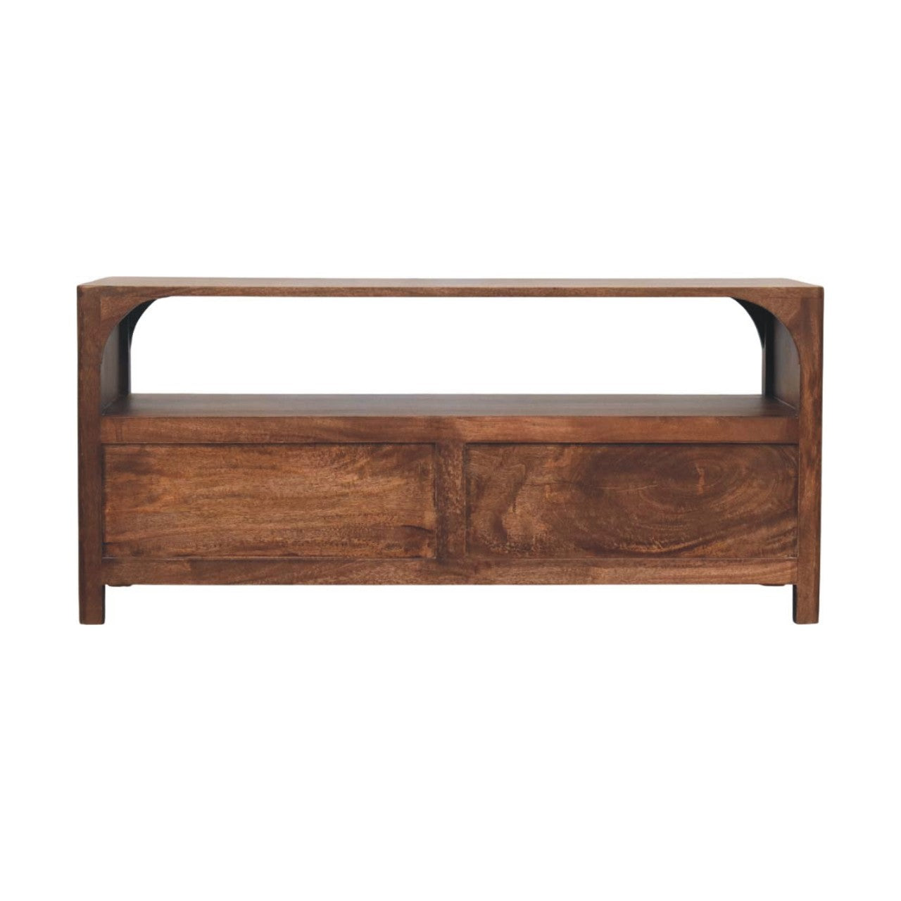 Arc-line media console in solid mango wood, Roasted Almond finish – back view